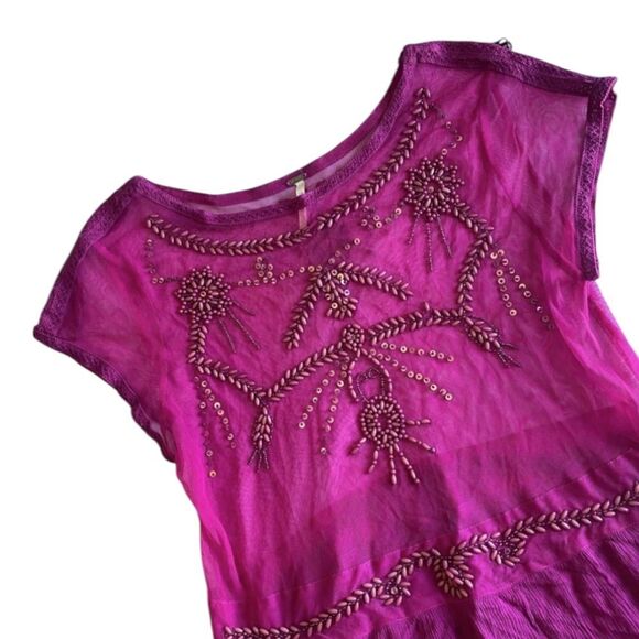 Free People Fuchsia Embellished Sheer Mesh Top Size M Rayon - Picture 4 of 15